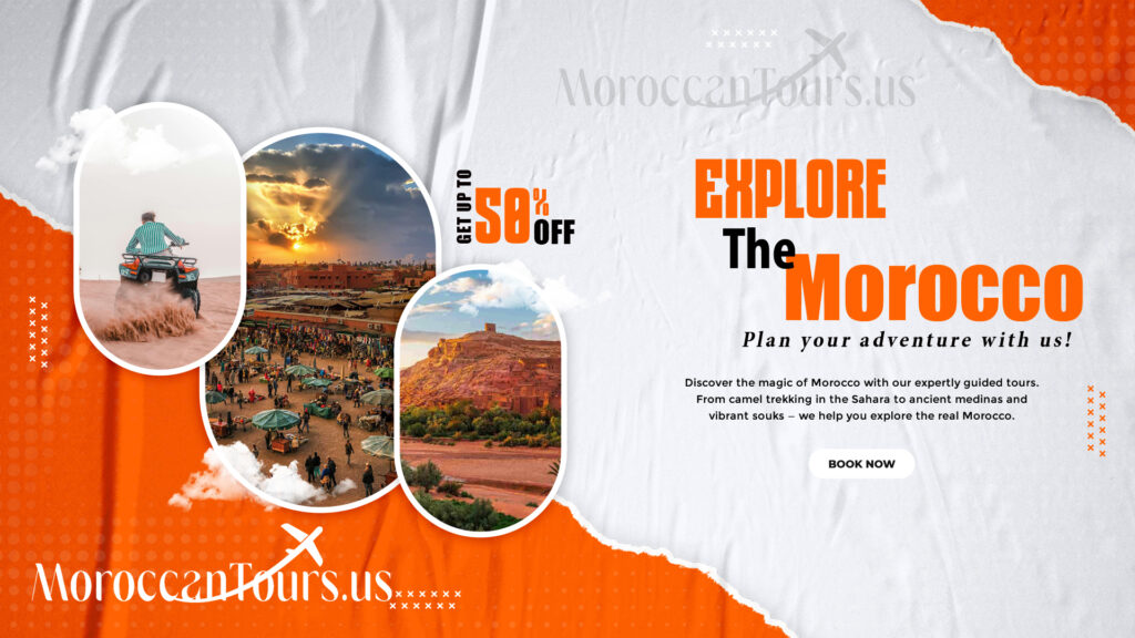Travel banner for MoroccanTours.us featuring desert trekking, poolside relaxation, and nature hiking with a promotional offer of up to 50% off.